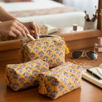 Yellow Block 3-Piece Quilted Travel Pouch Set