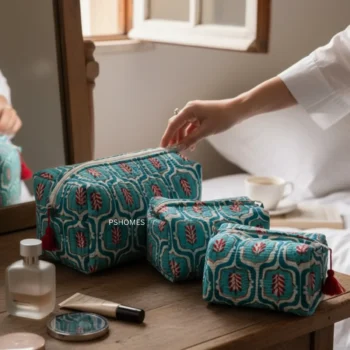 Heritage Green 3-Piece Quilted Cotton Travel Pouch Set