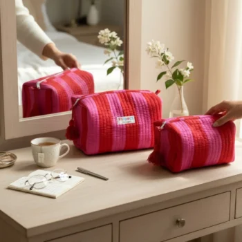 Pink Red Stripes 3-Piece Quilted Cotton Travel Pouch Set