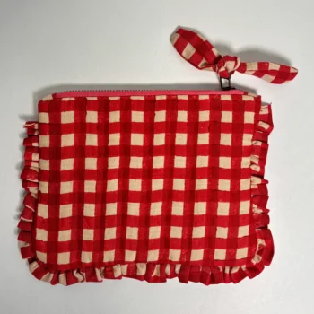 Sustainable Quilted Cotton Travel Pouch l Red Checks Flat Frill Organizer