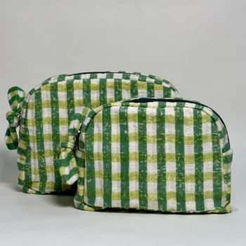 Sustainable Quilted Cotton Travel Pouch Set l Green Checks Classic Organiser Set