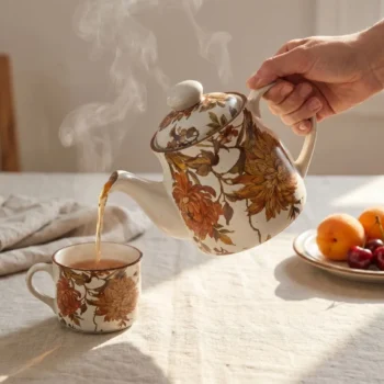 Summer Orchard Stoneware Tea Kettle | Floral Ceramic Teapot with Lid