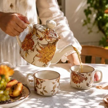 Summer Orchard Stoneware Tea Set | Floral Ceramic Teapot with 2 Coffee & Tea Cups