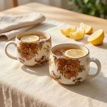 Summer Orchard Stoneware Cappuccino Mug Set of 2 | Floral Ceramic Coffee Mugs with Glossy Finish