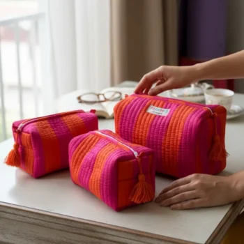 Strips Pink 3-Piece Quilted Cotton Travel Pouch Set