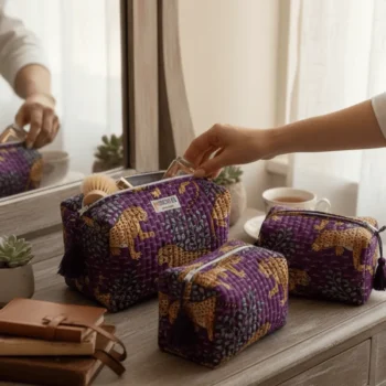 Multi Jungle 3-Piece Quilted Cotton Travel Pouch Set