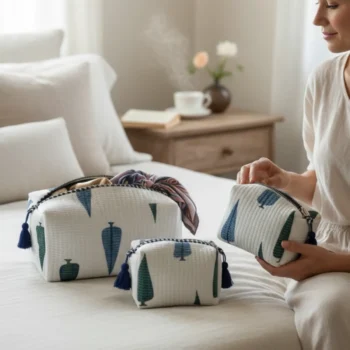 Velvet Leaf 3-Piece Quilted Cotton Travel Pouch Set