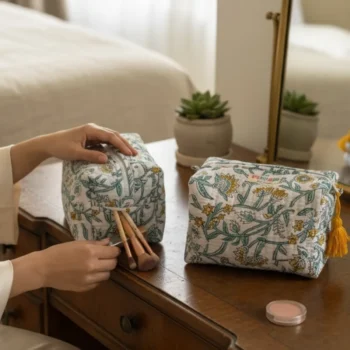 Blue Flower 3-Piece Quilted Cotton Travel Pouch Set