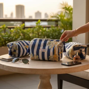 Blue Plam 3-Piece Quilted Cotton Travel Pouch Set