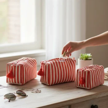 Orange Stripes 3-Piece Quilted Cotton Travel Pouch Set
