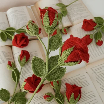 Crochet Flower -  Rose with 2 Buds (Single)