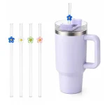 Handcrafted Floral Glass Straws for Tumblers (Set of 4) | 12 Inch Reusable Borosilicate Glass Drinking Straws | Multicolor Daisy Design | Eco-Friendly Smoothie, Juice & Iced Coffee Straws