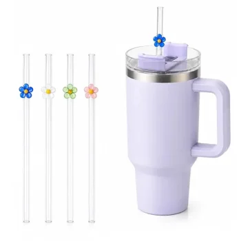 Handcrafted Floral Glass Straws for Tumblers (Set of 4) | 12 Inch Reusable Borosilicate Glass Drinking Straws | Multicolor Daisy Design | Eco-Friendly Smoothie, Juice & Iced Coffee Straws