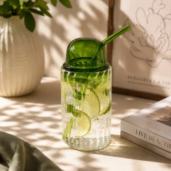 Handcrafted Ribbed Glass Tumbler with Green / Amber Glass Lid & Straw | Premium Drinking Glass for Iced Coffee, Juice, Smoothies & Cold Beverages