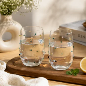 Handcrafted Multicolor Dotted Borosilicate Glass Tumblers (Set of 2) | Modern Water & Juice Glasses | Lightweight Drinking Glasses | Premium Glassware for Home