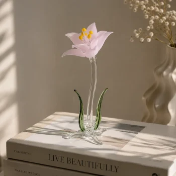 Handcrafted Glass Flower Showpiece for Home Decor | Premium Decorative Glass Lily Flower Sculpture for Living Room, Bedroom & Office Table | Elegant Gift Item | Pink | 12 Inch